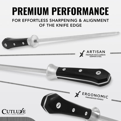 Cutluxe Honing Rod, Professional Knife Sharpener Rod – 10" Honing Steel – Ergonomic Handle Design, Grilling Gifts for Men – Artisan Series