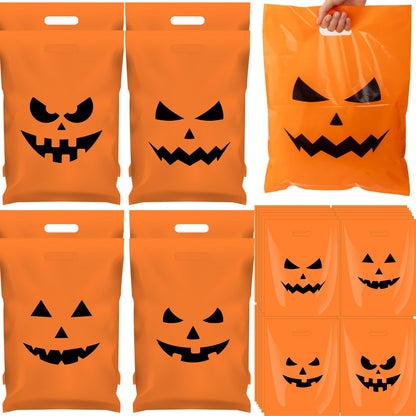 AmazingSpark 48 Pack Large Halloween Pumpkin Plastic Gift Bags with Handles 12 x 16'' Plastic Party Favor and Candy Treat or Trick Pouches for Halloween Party Supplies Gift Wrapping