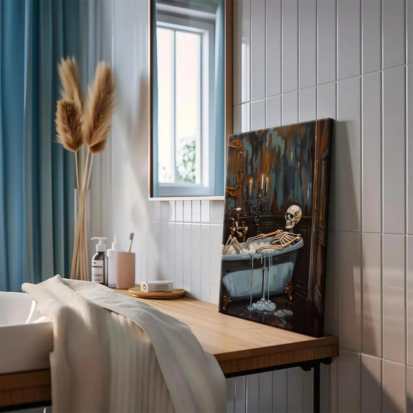 Framed Funny Halloween Skeleton Bathroom Wall Art, Soaking My Bones Pictures Wall Decor, Moody Gothic Dark Academia Paintings Canvas Prints Spooky Home Decor for Living Room Bedroom Dorm 12x16 inch