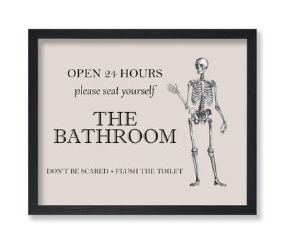 Poster Master The Bathroom Sign Poster - Don't Be Scared Print - Skeleton Art - Halloween Art - Trendy Wall Art - Funny Gothic Bathroom Decorations - Humorous Restroom Decor - 8x10 UNFRAMED Wall Art