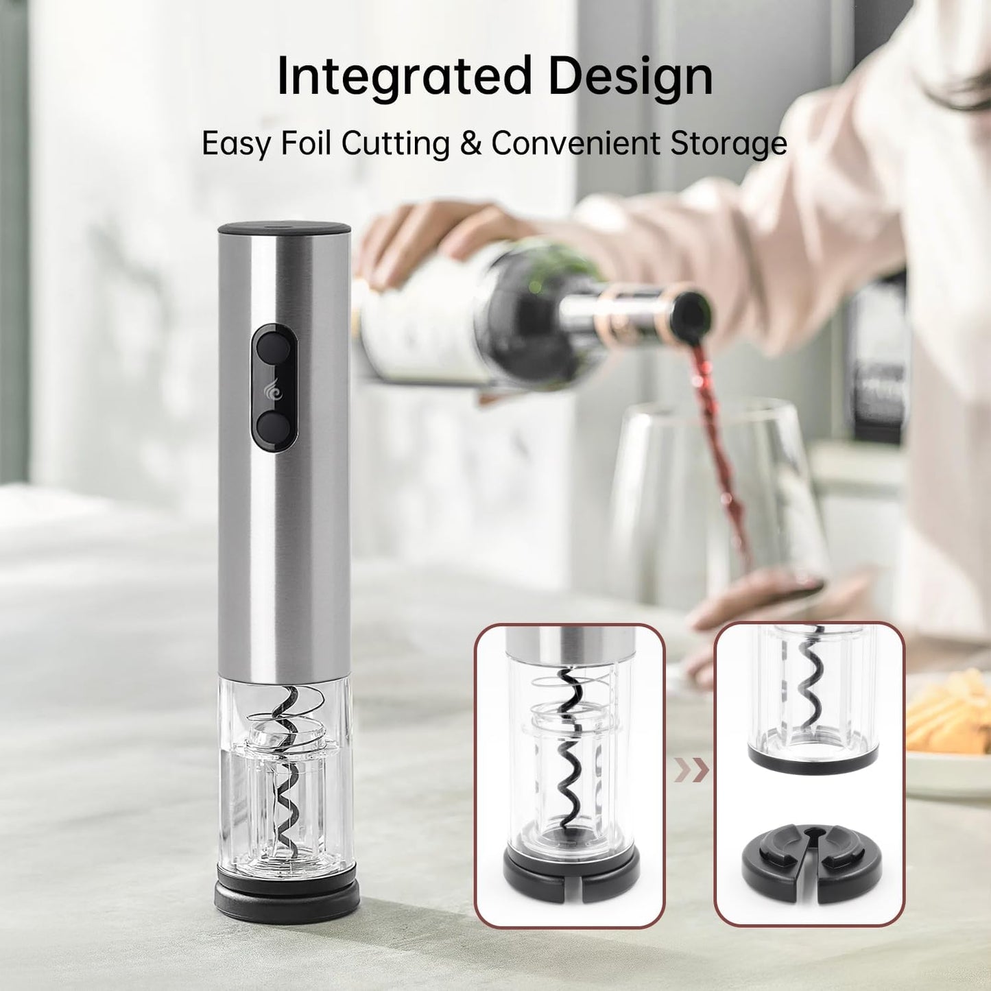 Rechargeable Wine Opener by ELMWAY, Electric Wine Bottle Opener with Foil Cutter, LED Light and Stainless Steel Shell