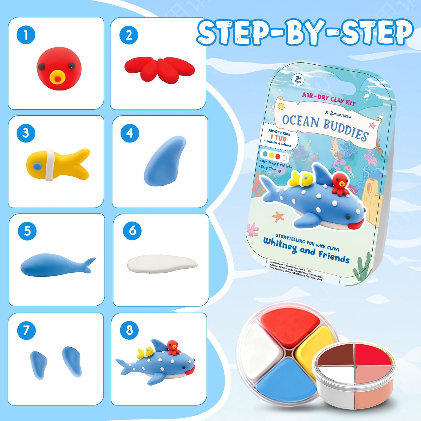 Ocean Buddies Air Dry Clay Kit for Kids - 12 Marine Animal Models with 4 Colors & Sculpting Tools, Ultra Light & Soft Modeling Clay Set, Non-Toxic DIY Arts and Crafts Gift for Boys & Girls Ages 3+