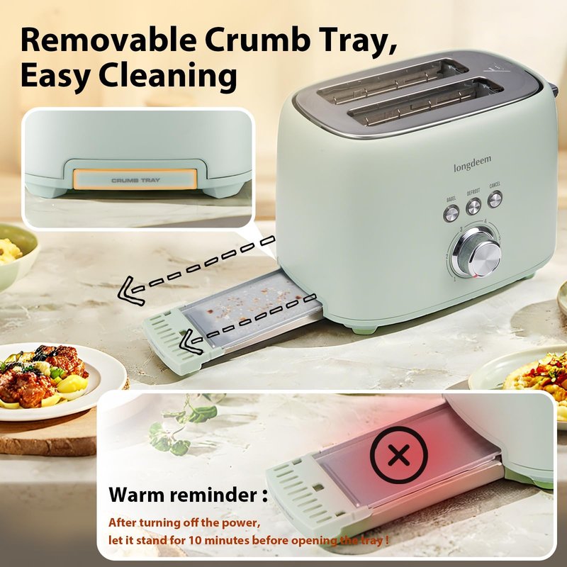 2 Slice Toaster - Stainless Steel, 1.5" Extra Wide Slots, 6 Browning Settings, Bagel/Defrost/Cancel Modes, Green