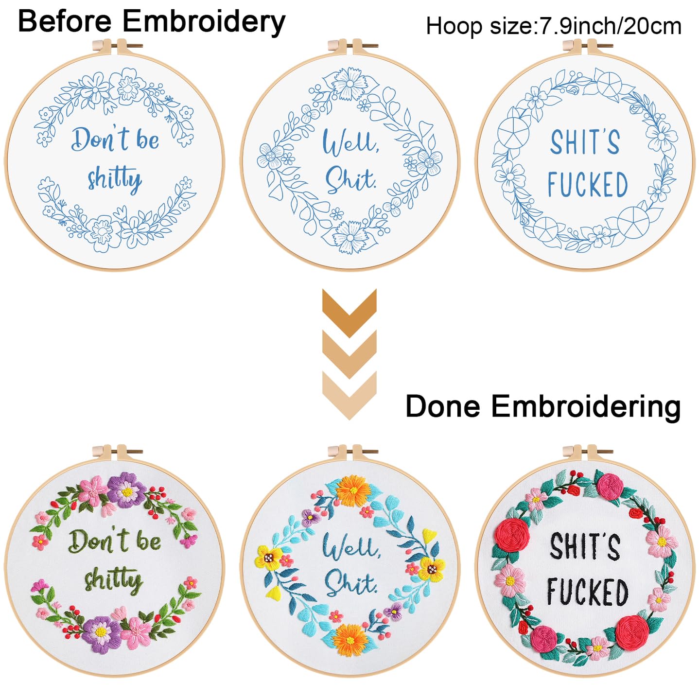 Louise Maelys 3 Sets Funny Embroidery Kits for Beginners,Cross Stitch Kit for Adults,DIY Starters Needlepoint with Flower Wreath Pattern,Including Instruction and Threads