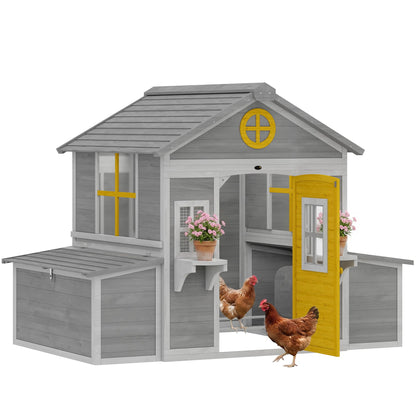 PawHut Wooden Chicken Coop, Hen House for 2-4 Hens, Outdoor Playhouse Poultry Cage with 2 Nesting Boxes, Waterproof Roof, Windows, Chicken Hutch for Farm Backyard, 72" x 50" x 54", Gray