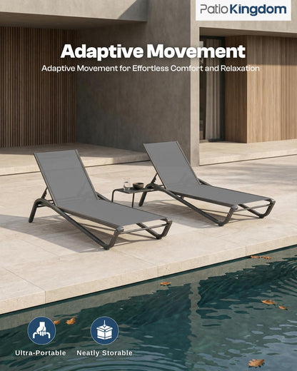 Patio Kingdom Patio Chaise Lounge Chairs Set of 6, All-Weather Aluminum Pool Loungers for Outside, 5-Position Adjustable Sunbathing Chairs for Tanning, Stackable for Backyard, Poolside, Grey