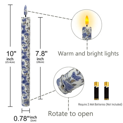 Chinoiserie LED Candles Flameless Candlesticks-6pcs Timer Blue Flower Battery Operated Candle Remote Floral LED Taper Candles Lights for Home Wedding Tea Party Windows Decor-P6TBLUMIX