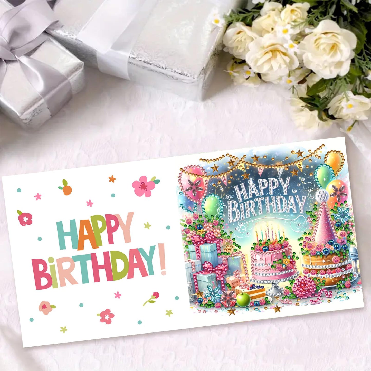 DIY Diamond Greeting Cards Set, 5D DIY Diamond Art Painting Festival Style Greeting Card, DIY Christmas Card Making Kits for Family Friends Handmade Gift-#28-Birthday