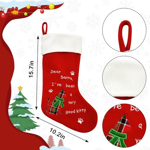 Habbiful Large Christmas Stockings Xmas Stockings for Gifts Christmas Tree Decoration Red Cat Velvet Christmas Stockings Xmas Fireplace Hanging Stockings for Home Holiday Party Decoration Favors