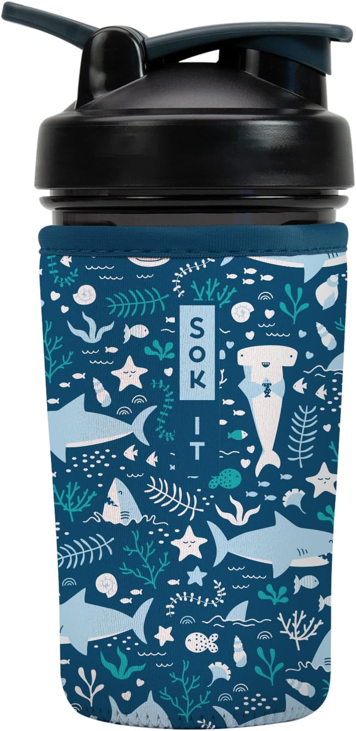 24oz Sok It BotlSok Protein Blender Shaker Bottle Sleeve Insulated Neoprene Cover (Happy Sharks, Fits Blender)