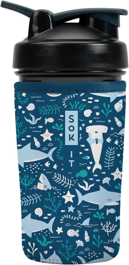 24oz Sok It BotlSok Protein Blender Shaker Bottle Sleeve Insulated Neoprene Cover (Happy Sharks, Fits Blender)