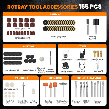 HARDELL 200W Corded Rotary Tool Kit with Fine Speed Control & Flex Shaft 8000-40000 RPM Digital Display, 155Pcs Accessories for Crafting, Cutting, Sanding, Polishing, Drilling, Carving, DIY Projects
