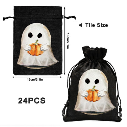 JarThenaAMCS 24 Pack Halloween Burlap Bags Spooky Ghost Pumpkin Gift Bags Black White Orange Linen Treat Goody Bag with Drawstring for Halloween Party Favors