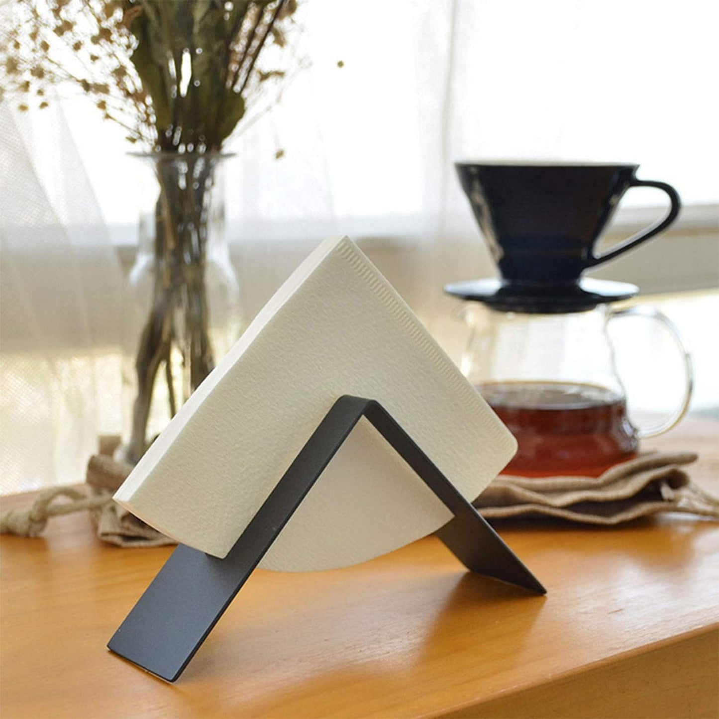 MIAO JIN Stainless Steel Coffee Filter Paper Holder, Coffee Paper Storage Container Dispenser Rack (Black)