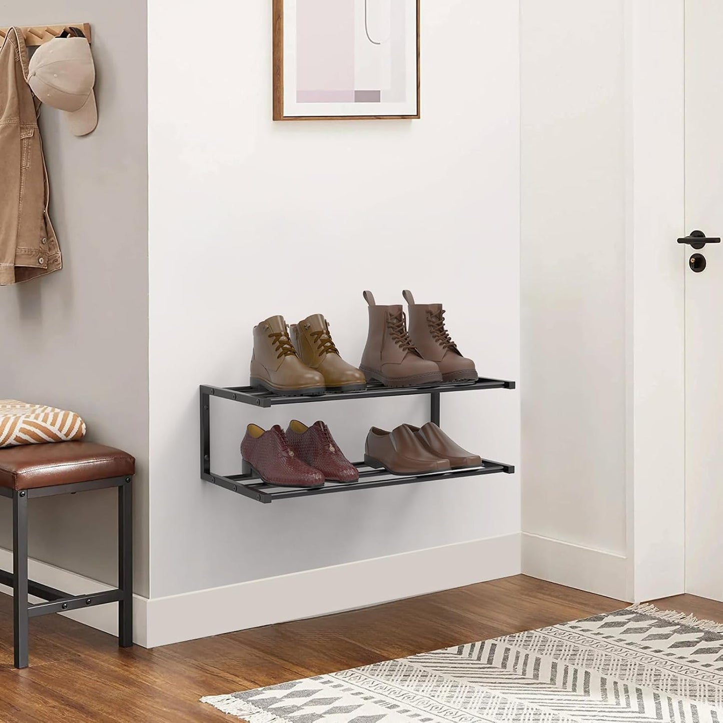 1 Pack, 25.9 Inch 6 Wall Mounted Shoe Organizer Wall Mounted Shoe Rack Holds Pairs, Space Saving Metal Wall Shoe Rack