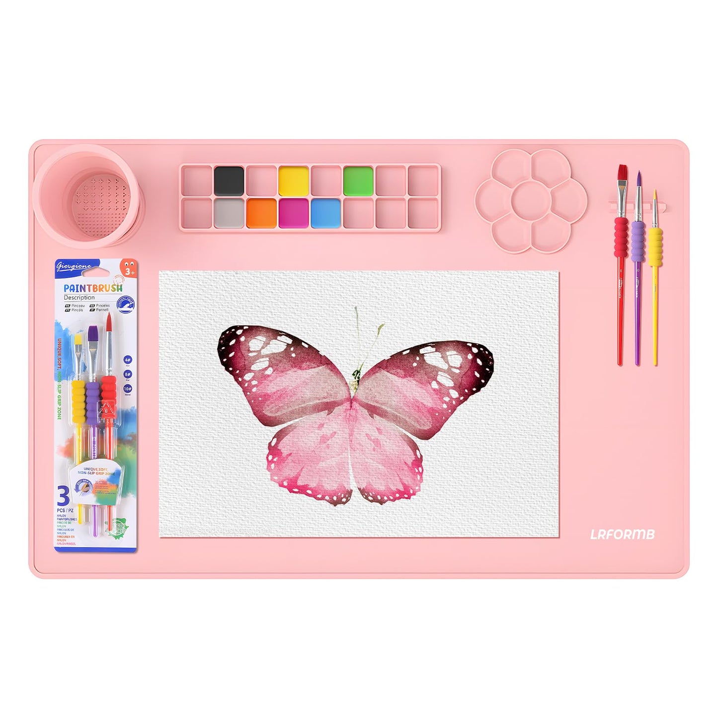 LRFORMB Silicone Painting Mat for Table Protection, 23.6 x 15.8in Drawing Mat with Nylon Brushes for Children, Art Mats with Cleaning Cup, Paint Palette, Clay Craft Mats for DIY (Pink)