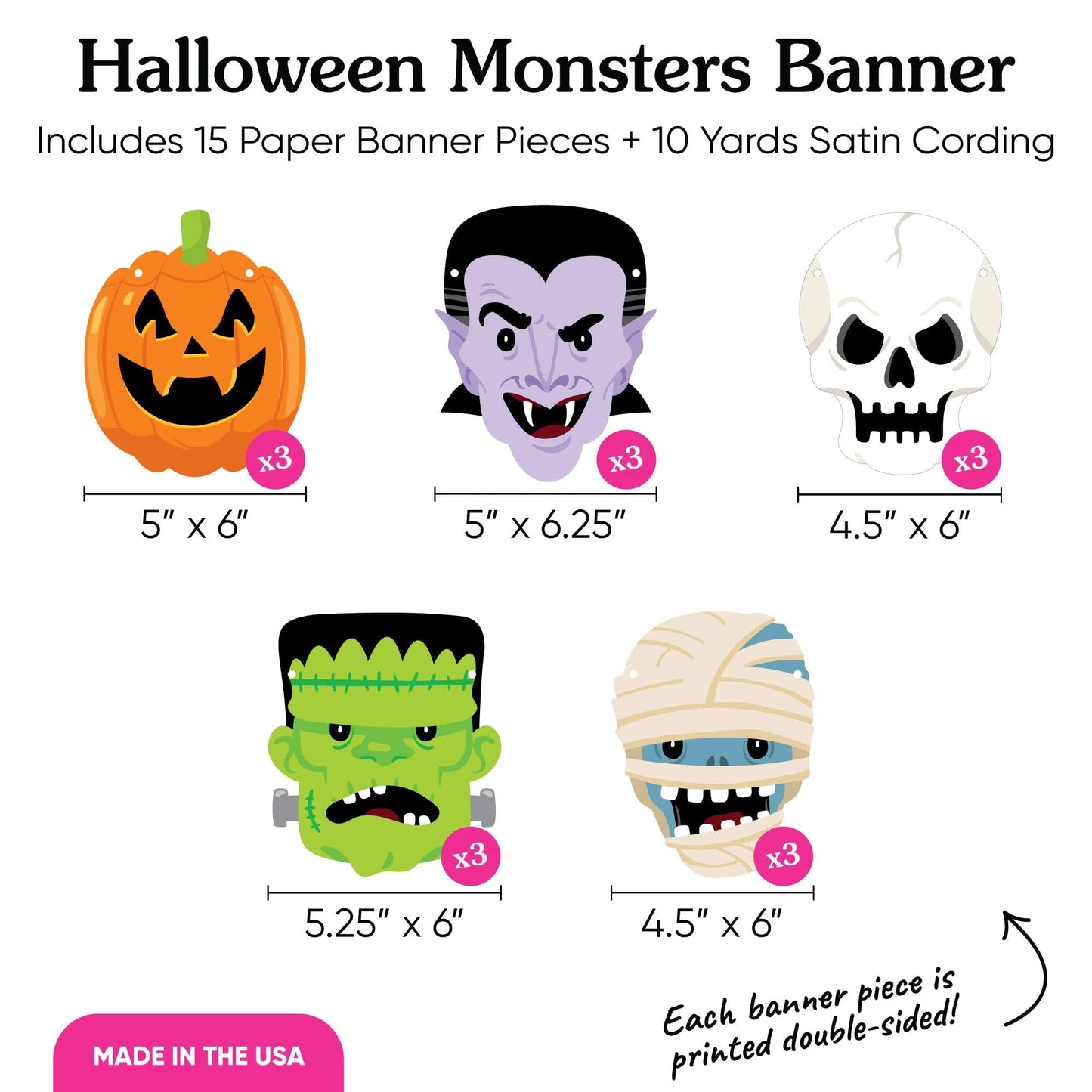 Big Dot of Happiness Halloween Monsters Garland Banner, Spooky Halloween Party Decorations Backdrop, 30 Feet of Cord, 15 Paper Skeleton, Dracula, Frankenstein, Mummy, and Jack-O'-Lantern Shapes