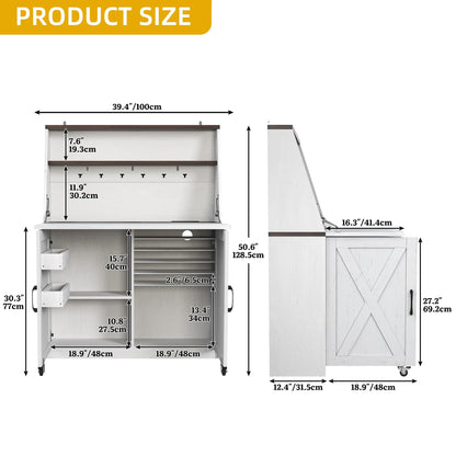 DWVO Folding Sewing Table with Charging Station & Storage, Multi-Function Craft Desk with Lockable Wheels, Magnetic Doors & Hidden Storage