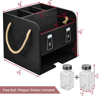 Ikee Design Wooden Utensil Caddy with Handles, Includes Salt Pepper Shaker, Silverware Holder Organizer for Countertop,