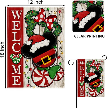 Welcome Christmas Mouse Santa Garden Flag - Xmas Peppermint Candy Wreath Ornament, Double Sided Winter Holiday Decor