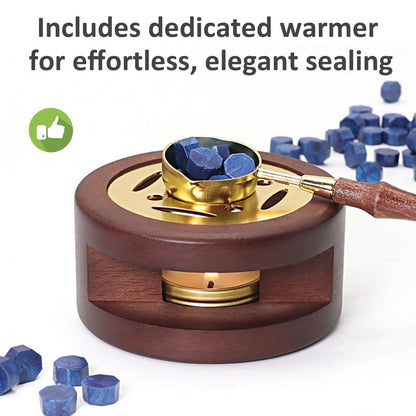 Andotopee Wax Seal Beads Kit - 300pcs Antique Gold Sealing Wax Beads with Wood Melting Warmer, Spoon & 10 Mini Candles for Stamp Seals, Wedding Invitation, Envelope, Cards, Gift Wrapping Decorations
