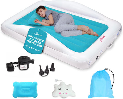 4ft Asani Inflatable Toddler Travel Bed, Electric Pump, Leakproof Air Mattress, Bumpers, Carry Case, Pillow - Fits Kids