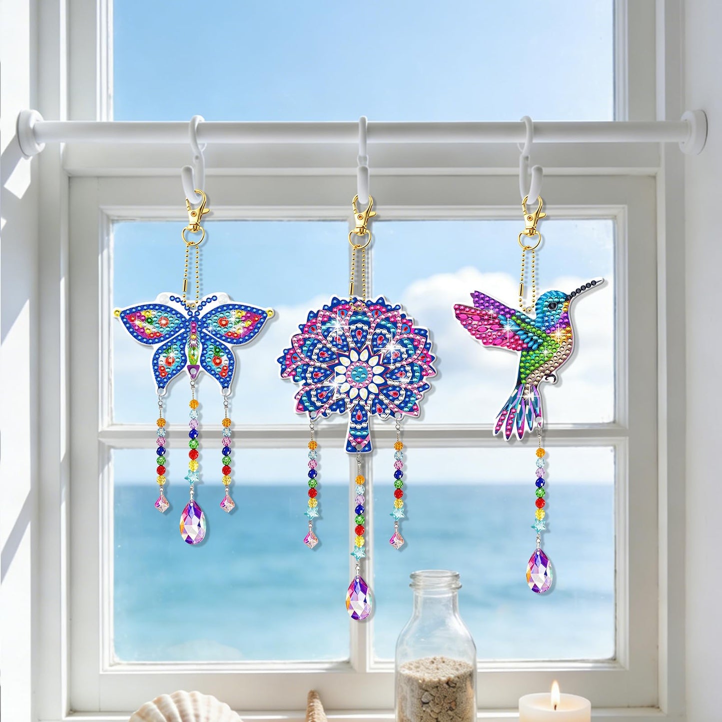6 PCS Diamond Art Suncatchers Mandala Diamond Art Kits for Adults Kids Double Sided Hummingbird Diamond Painting Wind Chime Christmas Hanging Ornaments Birthday Gifts for Teen Women Mother Gifts