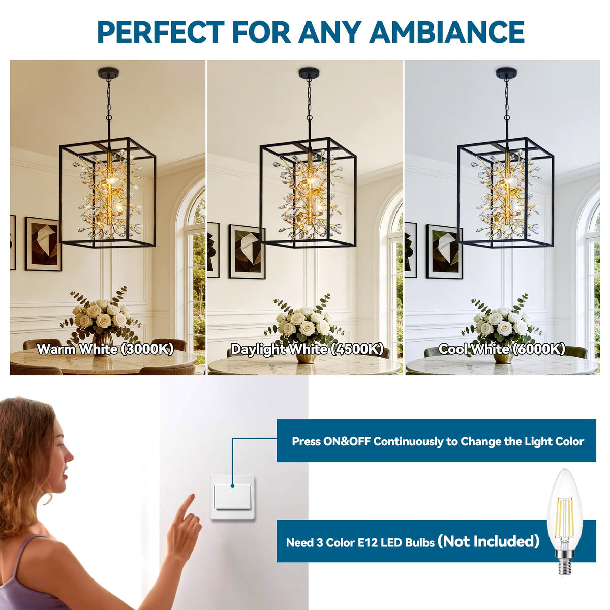 Vezzio Black and Gold Crystal Chandelier, 4-Light Modern Farmhouse Foyer Pendant Light for Entryway, Dining Room, Kitchen Island, Staircase, Hallway, H21 Inch