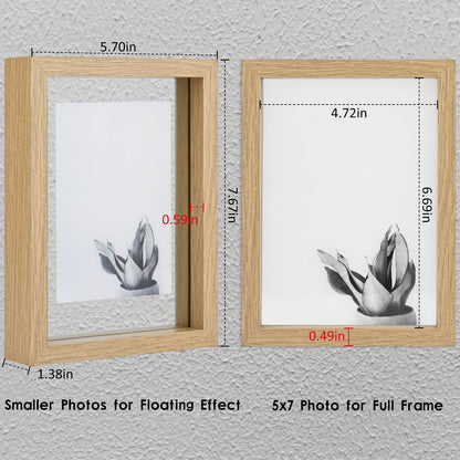 MUYE 5x7 Floating Frame Set of 2,Double Glass Rustic Photo Frame for Wall Hanging or Tabletop Standing,Also Display 4x6 or 3x5 Photo for Floating Effect,Natural
