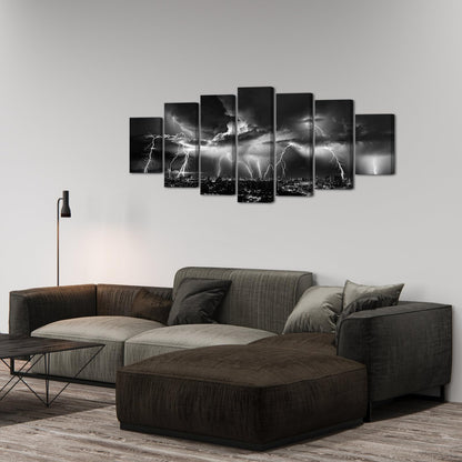 Biuteawal Large 7 Piece Black and White Wall Art Lightning Strikes Painting on Canvas Storm Cityscape Picture Print Nature and City Artwork for Home Office Bedroom Decoration