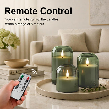 Mid Century Modern & Boho Home Decor, 3-Pack Olive Green Glass Battery Operated Candles, Flameless LED Pillar Candles with Remote & Timer, Realistic Flickering 3D Wick for Mantel, Shelf, Entryway