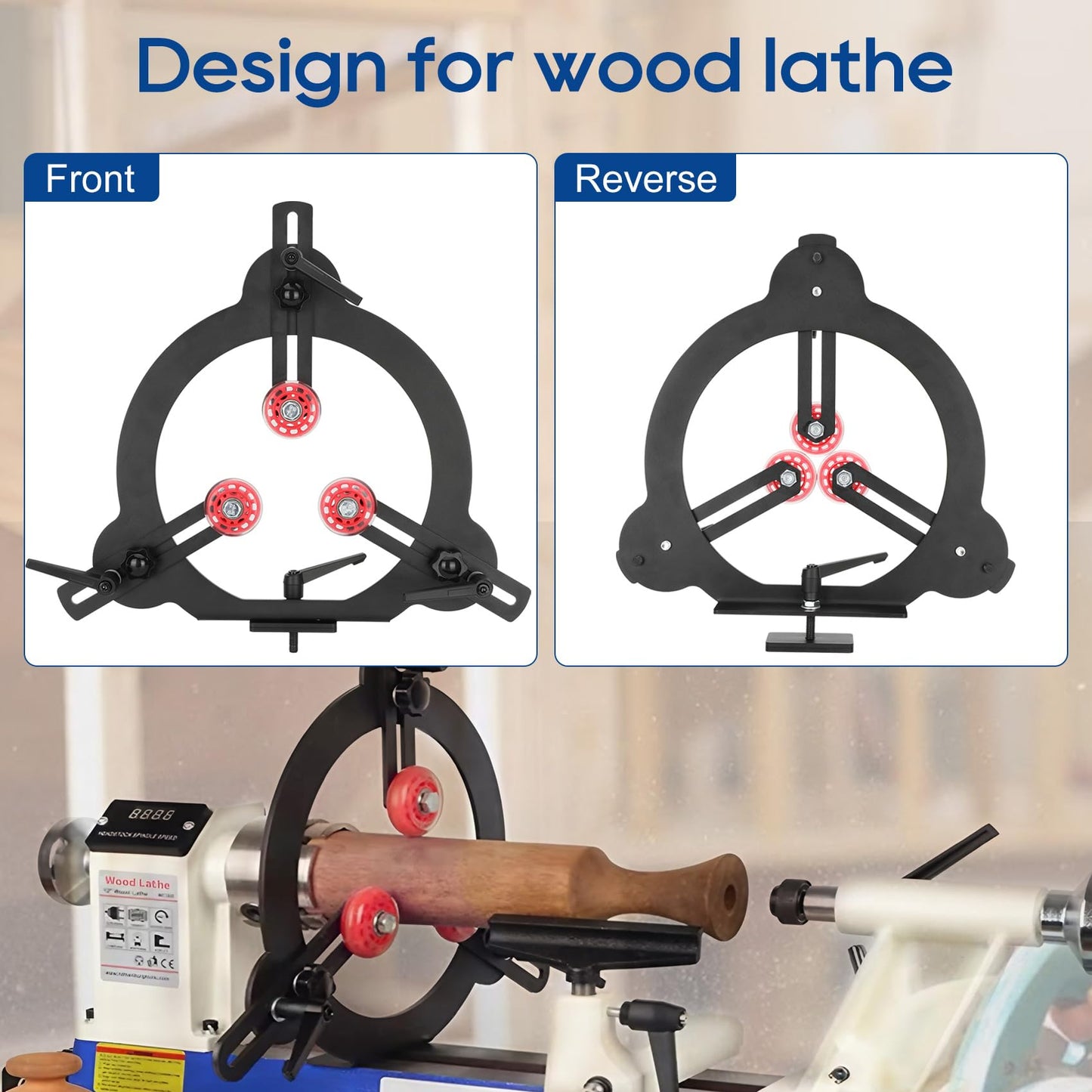 Woodturning Steady Rest for 12inch,14inch and 16inch Lathe Swing, Woodworking Steady Rest, 3-Point Adjustable Woodturning Steady Rest for 12inch,14inch and 16inch Swing Medium Size Lathe