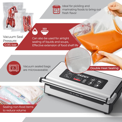 95Kpa Vacuum Sealer Machine，Upgraded Commercial Food Vacuum Sealer, 14-in-1 Functions & Double Heat Seal, Stainless Steel, Large Icons,130W Dual Pumps(25L/Min Suction), Widened Easy-Lock Handle
