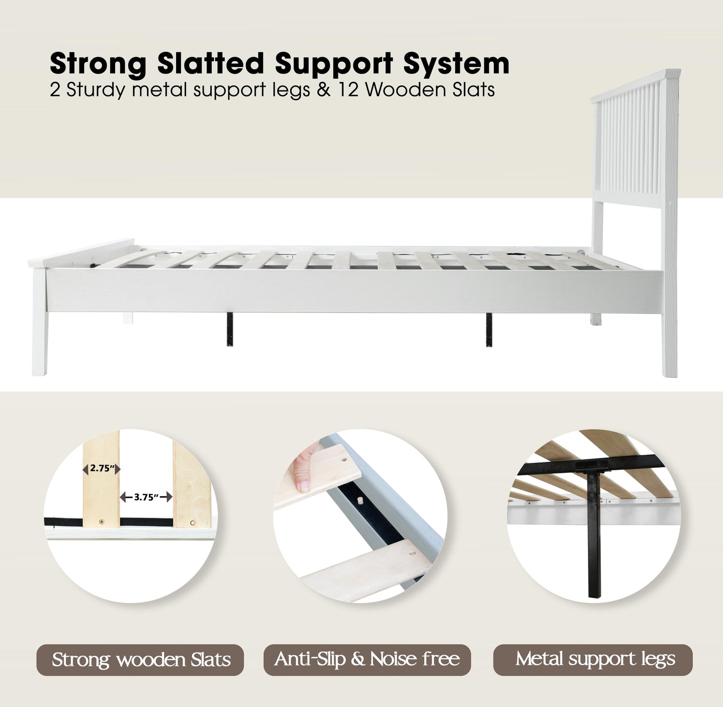 Full Size Bed Frame, Headboard & Footboard, Solid Wood Platform Bed, Anti-Slip & Noise-Free, 12 Durable Slatted Base, Centre Metal Legs, Easy Assembly, No Box Spring Needed, Pure White Finish YUF-39