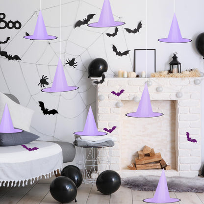 Whaline 14Pcs Halloween Purple Witch Hats with 109 Yard Hanging Rope 32Pcs 3D Bat Stickers Hanging Witch Caps for Home Garden Yard Lawn Decoration