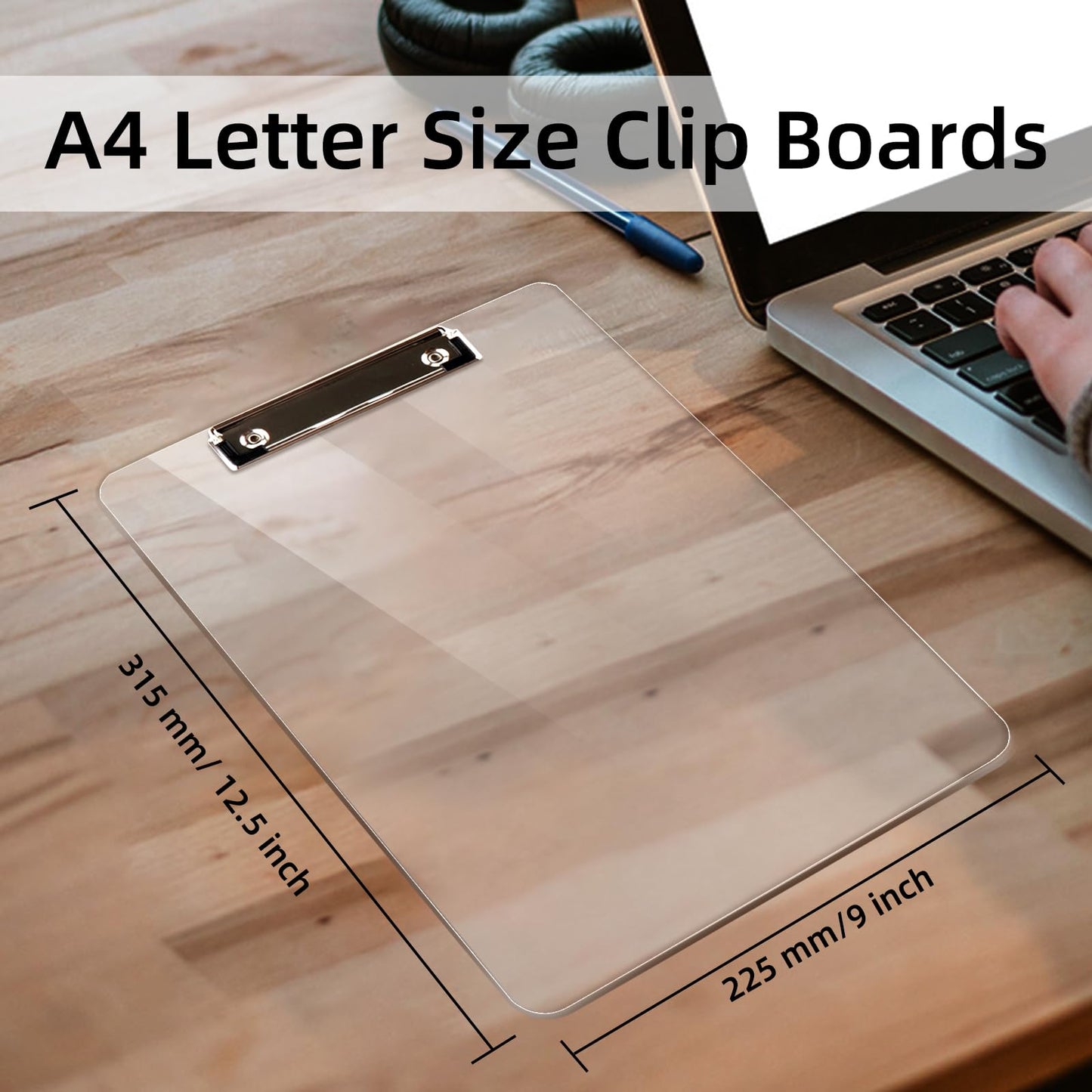 Macroclo Plastic Clipboards, A4 Acrylic Clear Board 8.5x11 for Classroom, Students, Transparent Letter Size 9" x 12.5" with Low Profile Clip, Office & School Supply(Pack of 6)