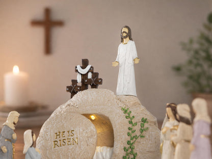 Easter Decorations for Home – 11 Pieces LED Resurrection Scene Set with Empty Tomb & Cross Shaped Resin Table Decor, Jesus Statue Set, Christian Easter Table Decorations & Mantel Decorations