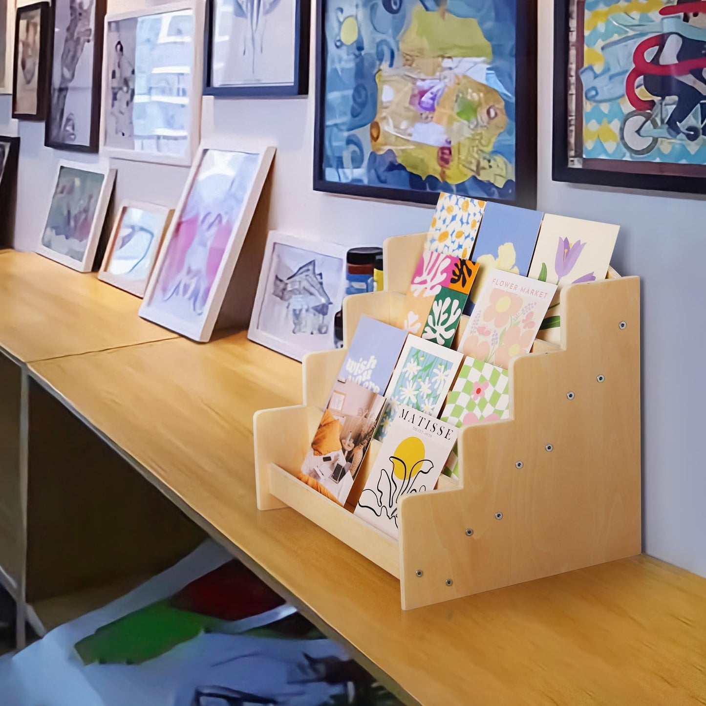 Exood Greeting Card Organizer Display Stand , 4-Tier Wooden Rack Holder for postcard Brochure Photos Sticker Retail