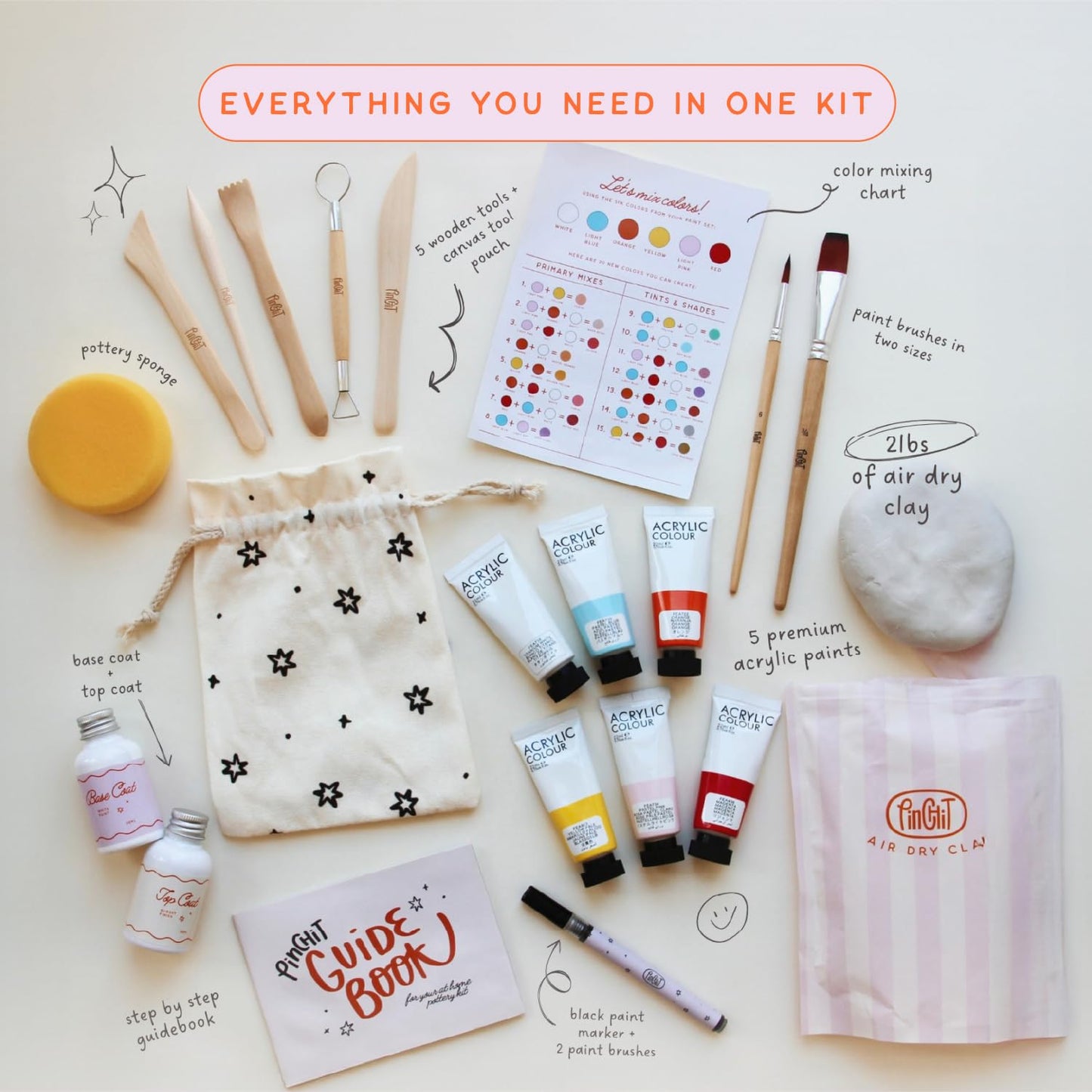 DIY Air Dry Clay Pottery Kit for Adults – Complete Craft Set with Tools, Paints & Guide – Beginner Friendly – No Kiln Needed – Unique Gift for Women – Muditation by PinchIt