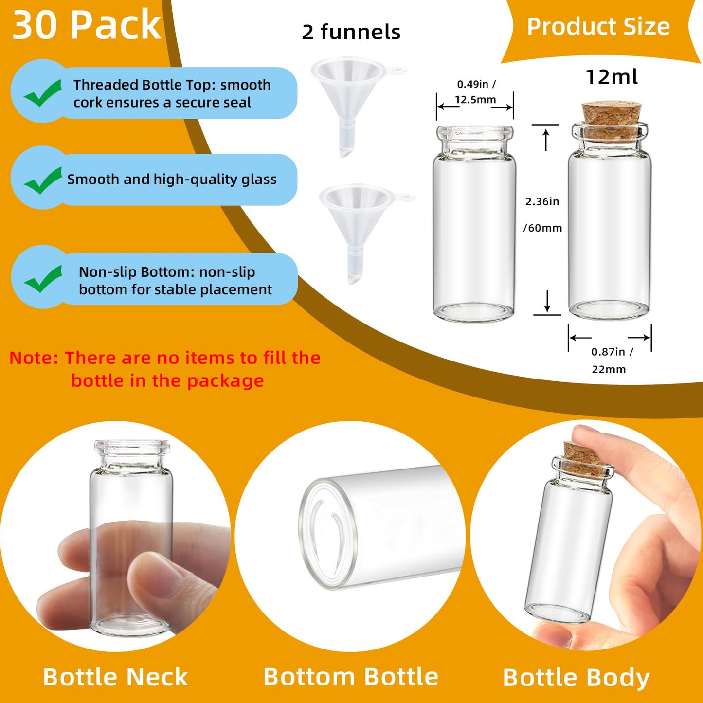 30Pcs 20ml Mini Glass Bottles with Cork Stoppers - Small Clear Vials for DIY Crafts, Wedding Favors, Halloween Decor, Wishing Spell Jars, Includes Funnel-(22 * 80 mm)