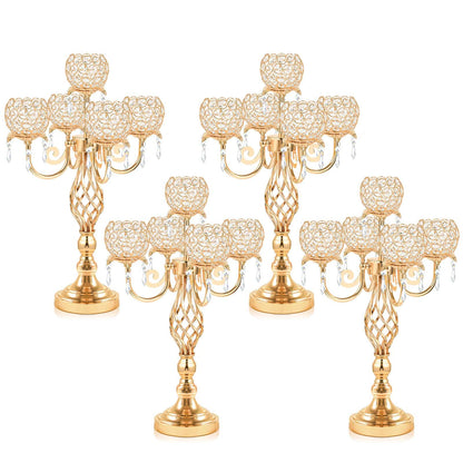 Kehail 5-Arm Crystal Candelabra Centerpiece 23.2" Tall - Elegant Candle Holder Stand with Crystal Bowl, Chic Table Decor for Weddings, Parties, Anniversary & Home Decoration (4, Gold)