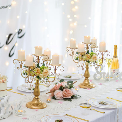 Sziqiqi Gold Candelabra Candle Holder - 5 Arm Pillar Candle Holders with Crystal Beads for Christmas Table Centerpiece Halloween Wedding Candleholders Decoration Set of 2