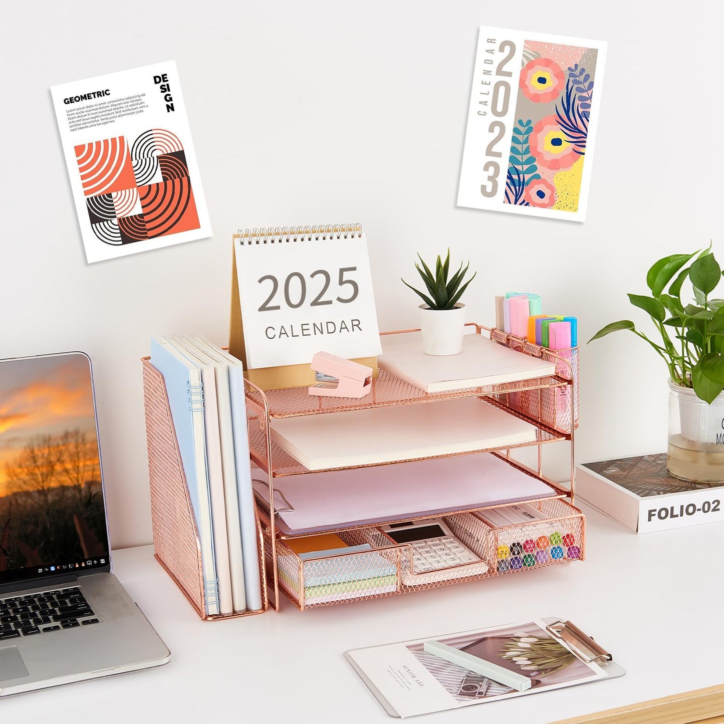 gianotter Desk Organizers and Accessories with File Holder, 4-Tier Desk Accessories & Workspace Organizers with Drawer and 2 Pen Holder, Paper Organizer for Office Supplies (Rose Gold)