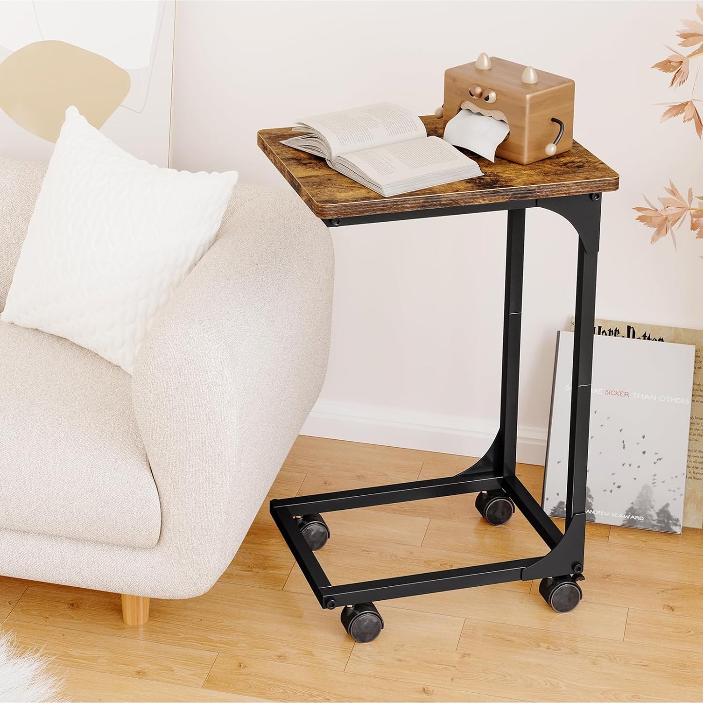 Fixwal TV Tray, C Table, C Shaped Side Table with Wheels for Couch, Coffee Tables for Living Room Sofa End Table