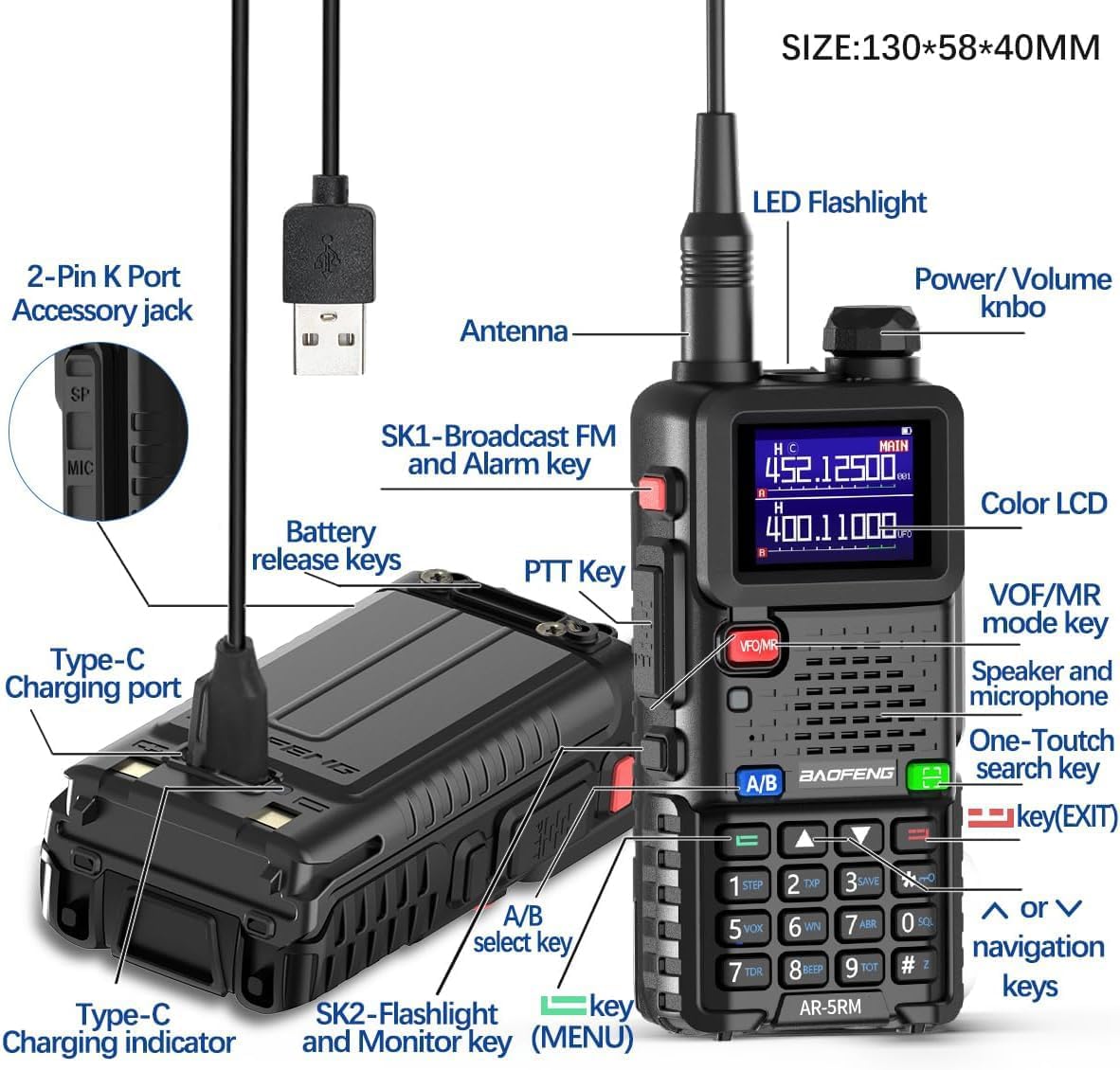 Baofeng Radio Ham Radio Long Range AR-5RM 10W Handheld NOAA Emergency Weather Radio 999CH Rechargeable Walkie Talkies with Programming Cable,USB-C Charging for Survival Gear Hunting Camping,2 Pack