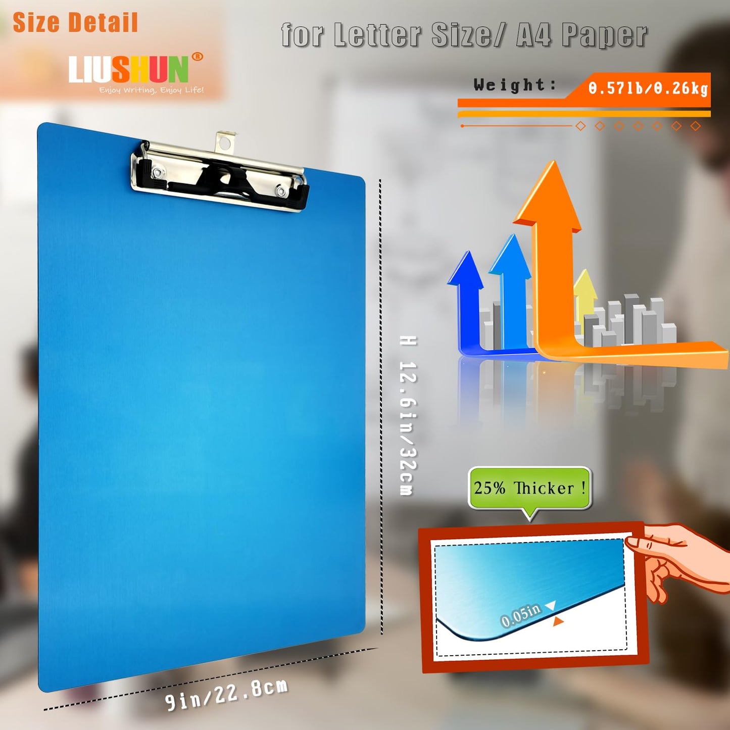 Aluminum Metal Clipboard Stainless Hangable Pen Holder Low-Profile Clip Board Size A4 9" x 12.6" with Sticky Note for School Office Business Medical Professionals Workshop Factory (Blue, Aluminum-A4)