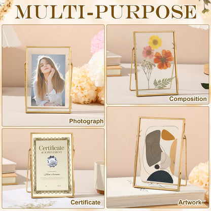 Vicenpal 3 Pack Glass Pressed Flower Frame Handmade, 4 x 6 floating Picture Frames for Pressed Flowers, Brass Double Glass for Tabletop Display, Home Office Plant Specimen, Photos(Gold)