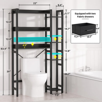 Besiost Over The Toilet Storage with 2 Drawers - 7 Tier Bathroom Organizer with Adjustable Shelf, Freestanding Space Saver Storage Rack Above Toilet Stand with 4 Hooks for Restroom, Laundry, Black
