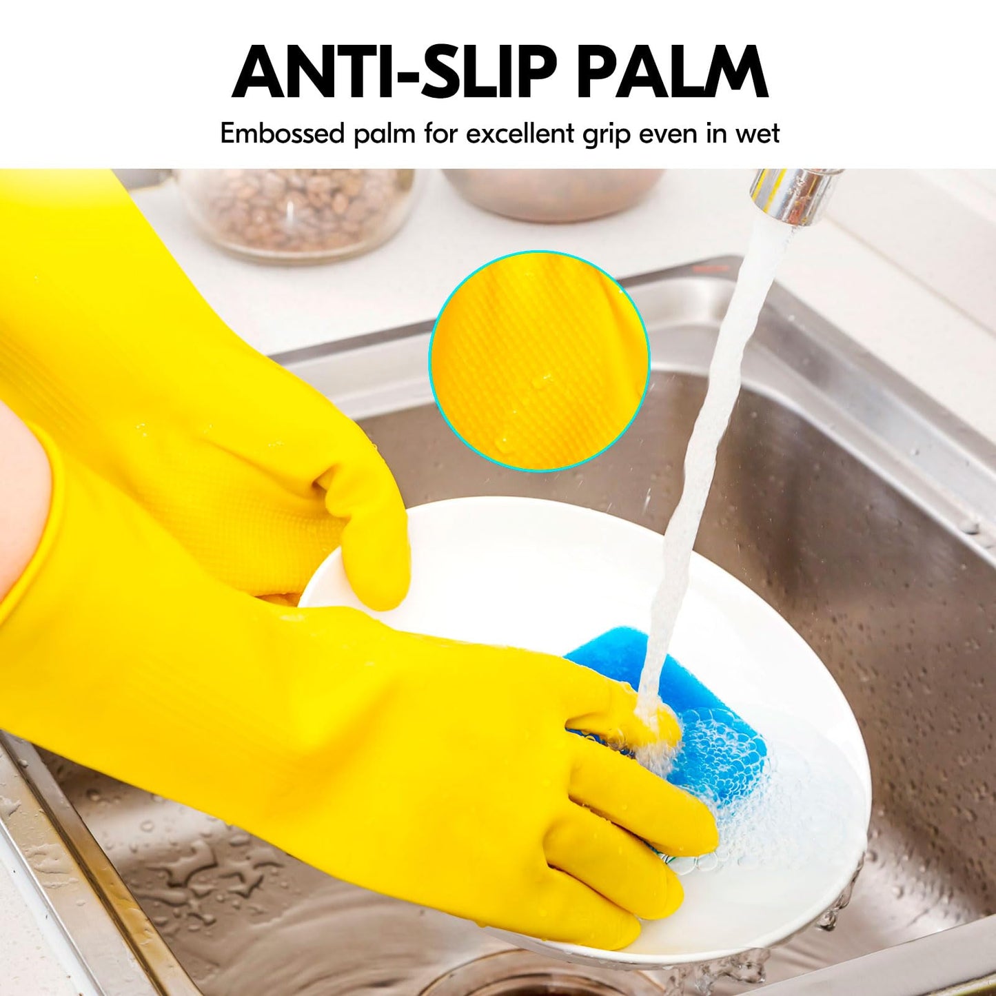 Vgo... 3-Pairs Reusable Household Gloves, Rubber Dishwashing gloves, Extra Thickness, Long Sleeves, Kitchen Cleaning, Working, Painting, Gardening, Pet Care (Size L, Yellow, HH4601)