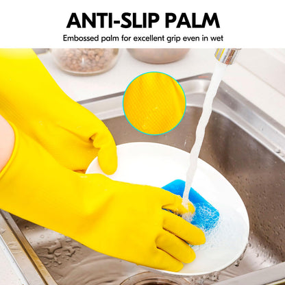 Vgo... 3-Pairs Reusable Household Gloves, Rubber Dishwashing gloves, Extra Thickness, Long Sleeves, Kitchen Cleaning, Working, Painting, Gardening, Pet Care (Size L, Yellow, HH4601)